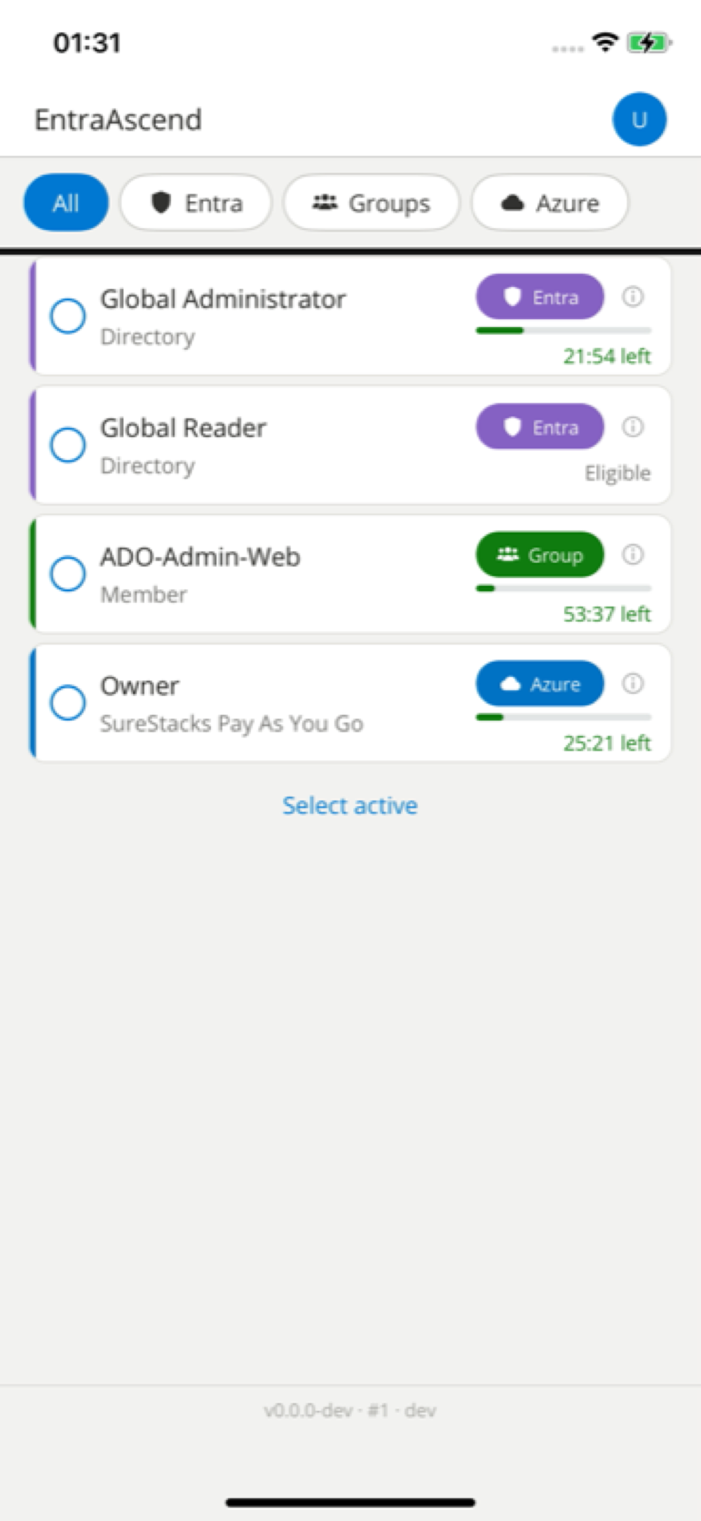 EntraAscend on iPhone: the role catalogue with All / Entra / Groups / Azure filter chips, and role cards each showing a type badge with its own icon — a shield for Entra, people for Groups, a cloud for Azure — an information affordance, and a live countdown for active roles such as “21:54 left”. A “Select active” action sits below the list.