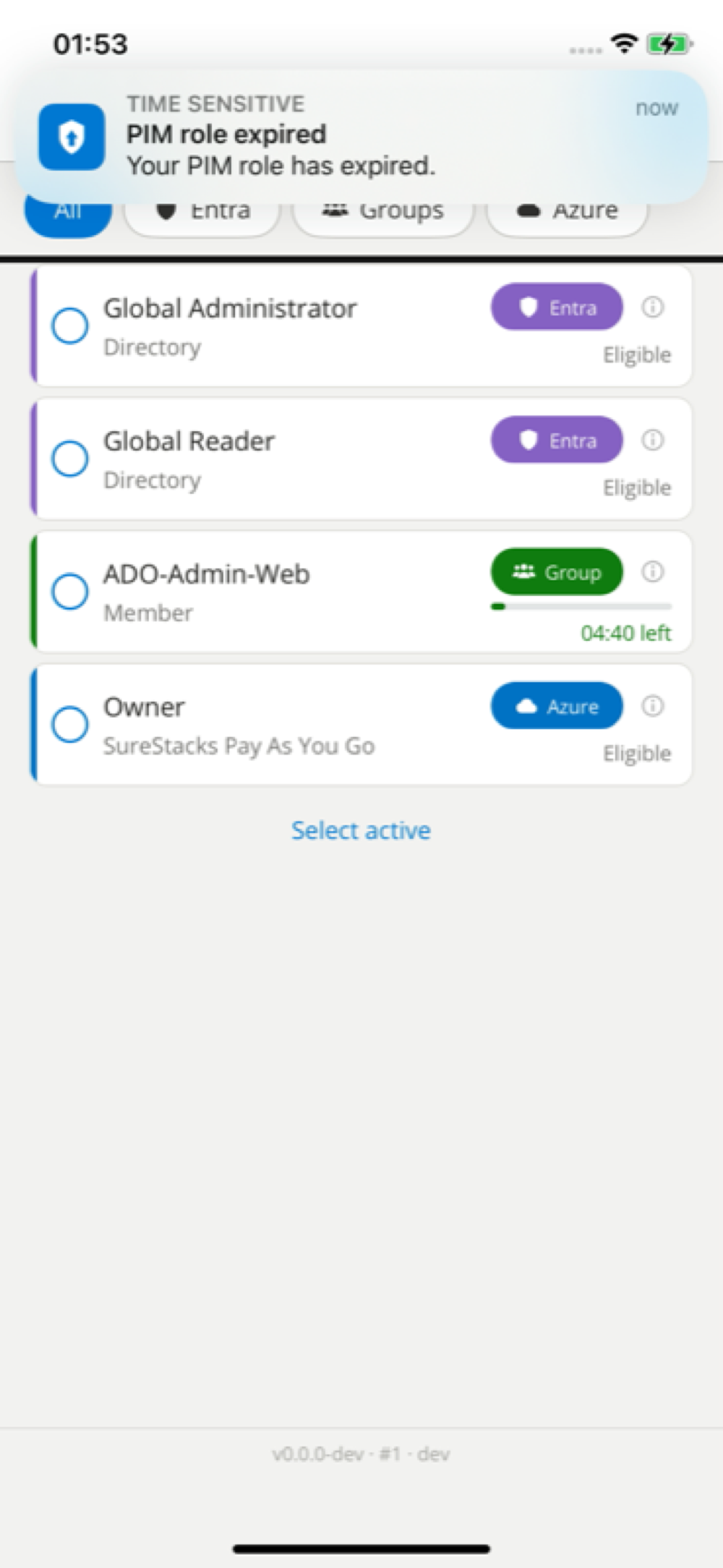 An iOS notification banner reading “PIM role expired — Your PIM role has expired”, delivered the moment a privileged role ends.